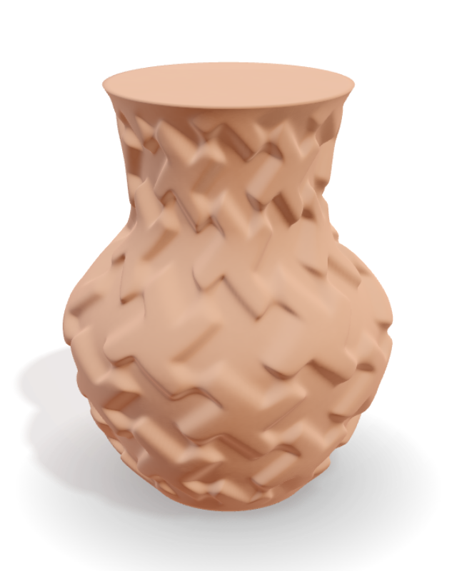 A vessel with a braided surface, rendered in fired clay