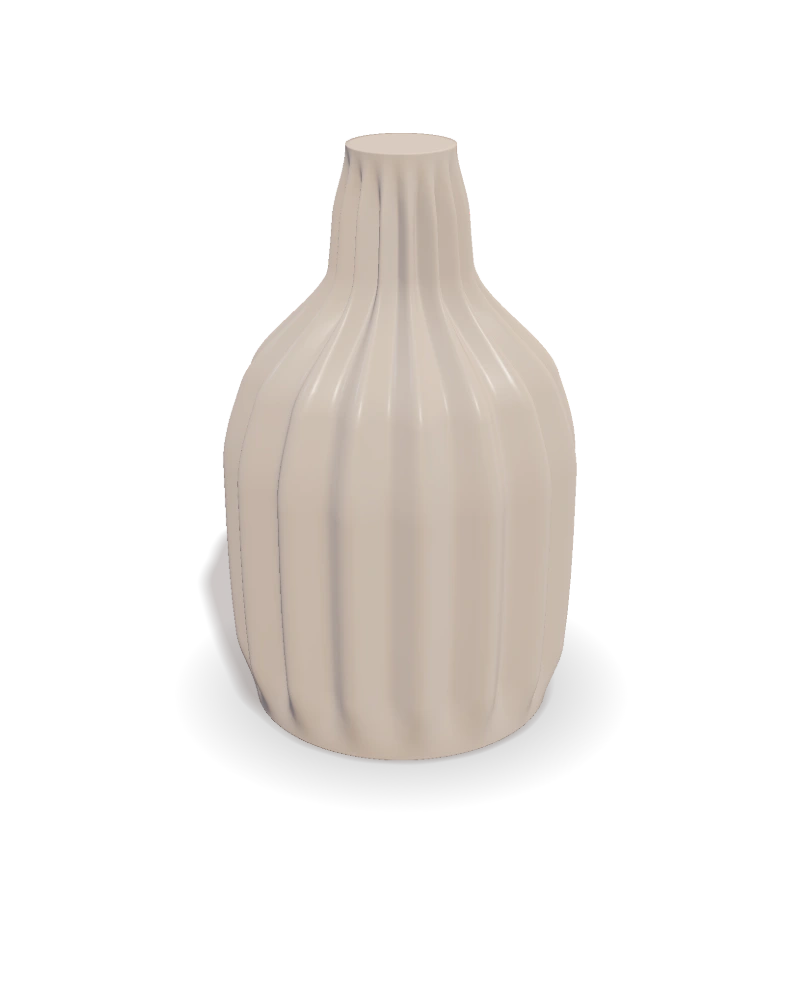 A tall bottle shaped with broad vertical flutes