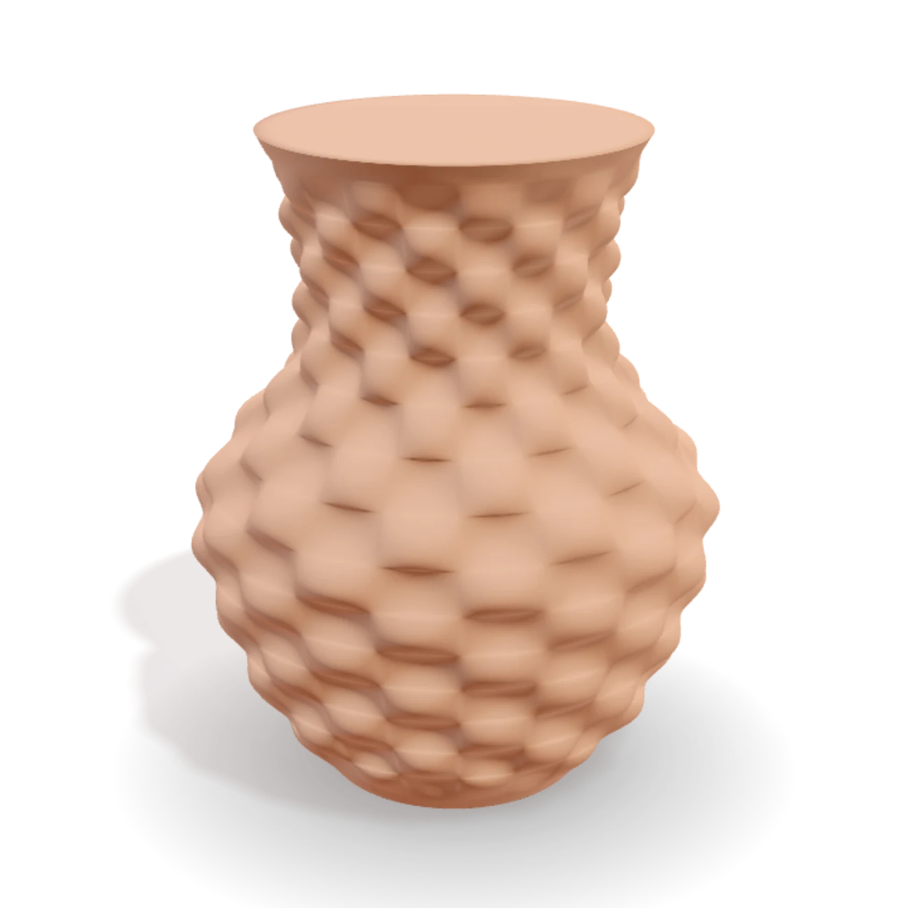 A vessel with a quilted surface, rendered in fired clay