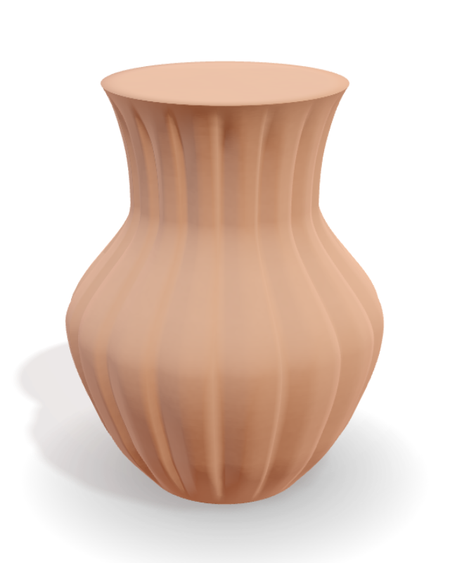 A vessel with a pleated surface, rendered in fired clay
