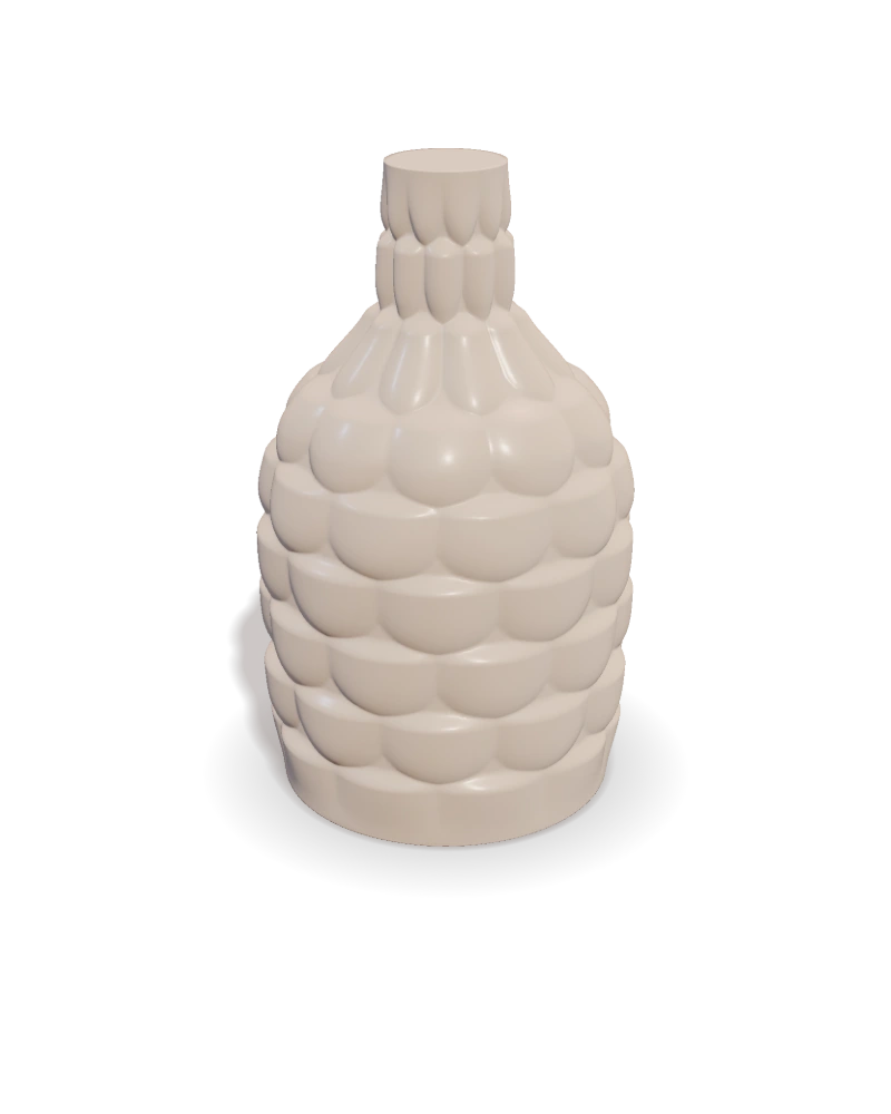 A vessel with overlapping scales, rendered in fired clay